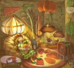  1girl blonde_hair carrot clock dress food green_dress green_footwear indoors kumomachi leaf long_hair mushroom orange_headwear original rug shoes short_sleeves sitting solo table vegetable wide_shot window 