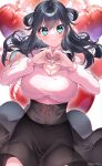  1girl absurdres amano_nene_(vtuber) amano_nene_(vtuber)_(1st_costume) angel artist_name bad_id bad_twitter_id black_hair black_skirt blue_hair blush breasts cleavage cleavage_cutout closed_mouth clothing_cutout commentary_request cowboy_shot floating_hair green_eyes hair_between_eyes hands_up heart heart_hands highres jewelry large_breasts long_hair looking_at_viewer necklace own_hands_together pink_sweater_vest production_kawaii shirt skirt smile solo standing sweater_vest twitter_username virtual_youtuber wing_hair_ornament yayoi_maka 