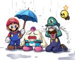  1other 3boys belt blue_eyes blue_overalls blue_pants boots brown_belt brown_footwear brown_hair closed_eyes crying facial_hair full_body gloves green_headwear green_shirt hat highres holding holding_umbrella kneeling looking_at_another luigi mallow_(mario) mario mario_&amp;_luigi_rpg mario_(series) multiple_boys mustache open_mouth overalls pants pink_footwear pink_hair puddle rain red_headwear red_shirt shirt short_hair simple_background starlow streaming_tears striped striped_pants super_mario_rpg tears teeth two-tone_pants umbrella upper_teeth_only white_background white_pants ya_mari_6363 
