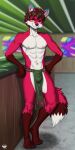  absurd_res bar blue_ears canid canine censored censored_genitalia eldiman fox hi_res holly_(ortiz) human_hair male mammal muscular red_body red_fox smile solo tail yellow_eyes 