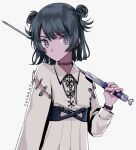  1girl artist_name black_hair bright_pupils choker double_bun dress earrings expressionless grey_eyes hair_bun holding holding_sword holding_weapon jewelry long_sleeves looking_at_viewer medium_hair myon_(tokipi) original safety_pin simple_background solo sword weapon white_background white_dress white_nails white_pupils 