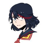  1girl ascot black_hair blue_eyes eyelashes frown kill_la_kill matoi_ryuuko multicolored_hair portrait red_ascot red_hair sailor_collar senketsu short_hair simple_background solo streaked_hair tanetarou two-tone_hair upper_body white_background 