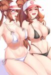  2girls :d ^_^ anisdrawn bare_shoulders baseball_cap bikini black_bikini black_choker blue_eyes breasts brown_hair choker closed_eyes collarbone commentary hair_bun hat heart highres hilda_(pokemon) large_breasts long_hair multiple_girls navel open_mouth pokemon pokemon_(game) pokemon_bw ponytail rosa_(pokemon) side-tie_bikini_bottom simple_background smile stomach swimsuit thighs very_long_hair visor_cap white_background white_bikini 