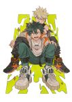  2boys bakugou_katsuki black_pants blonde_hair boku_no_hero_academia green_eyes green_hair green_pants highres holding_hands jacket jewelry knees_up male_focus midoriya_izuku multiple_boys necklace on_ground pants red_eyes shirt shoes sitting sneakers spiked_hair white_jacket white_shirt yeol2510 