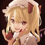  1girl apple ascot blonde_hair chinese_commentary chunjiu crystal fang flandre_scarlet food fruit hair_between_eyes hat highres holding holding_food holding_fruit long_hair mob_cap one_side_up open_mouth red_eyes shirt short_sleeves smile solo touhou white_headwear white_shirt wings yellow_ascot 