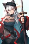  1girl absurdres animal_ears arknights beanie black_gloves black_skirt breasts devil_may_cry_(series) devil_may_cry_5 ears_through_headwear foreshortening fox_ears fox_girl frostleaf_(arknights) gloves grey_hair grey_shirt hair_between_eyes hat headphones highres holding holding_sword holding_weapon huajiaohaibao implied_extra_ears jacket katana long_hair looking_at_viewer medium_breasts off-shoulder_shirt off_shoulder open_clothes open_jacket oripathy_lesion_(arknights) parody red_eyes red_jacket scabbard sheath shirt skirt smile solo sword weapon yamato_(sword) 