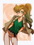  1girl absurdres amayu_(amaamailust) belt bishoujo_senshi_sailor_moon black_belt breasts brown_hair closed_mouth earrings fashion green_eyes hair_between_eyes highres jewelry kino_makoto light_smile pants solo 