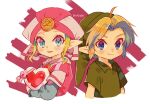  1boy 1girl :d ahoge artist_name blonde_hair blue_eyes blush closed_mouth collared_shirt commentary_request eyelashes green_headwear green_shirt hat heart highres layered_sleeves link long_sleeves looking_at_viewer open_mouth parted_bangs pink_background pointy_ears princess_zelda shirt short_hair short_over_long_sleeves short_sleeves sidelocks simple_background smile the_legend_of_zelda the_legend_of_zelda:_ocarina_of_time tokuura triforce twitter_username upper_body v-shaped_eyebrows white_background white_headwear young_link young_zelda 