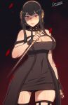  1girl black_dress black_hair breasts carcass_(artist) cleavage dagger dress dual_wielding earrings gold_earrings gold_hairband hairband highres holding holding_dagger holding_knife holding_weapon jewelry knife large_breasts looking_at_viewer red_eyes sidelocks solo spy_x_family stiletto_(weapon) two-sided_dress two-sided_fabric weapon yor_briar 