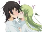  ! 1boy 1girl assertive_female black_hair blush budgiepon c.c. close-up closed_eyes closed_mouth code_geass collared_shirt commentary_request couple eyelashes food food_in_mouth from_side green_hair hair_between_eyes hand_on_another&#039;s_chest heart hetero highres kiss lelouch_vi_britannia long_hair nose nose_blush pocky pocky_in_mouth pocky_kiss profile purple_eyes shirt short_hair sidelocks simple_background sound_effects spiked_hair straight_hair surprised sweat white_background white_shirt wide-eyed 