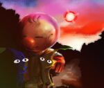  1boy absurdres alien arms_up big_nose blue_pikmin blue_skin brown_hair closed_eyes colored_skin gloves helmet highres hug iat-418 leaf olimar outstretched_arms path pikmin pikmin_(series) pointy_ears radio_antenna red_gloves smile space_helmet spacesuit sunset yellow_pikmin yellow_skin 