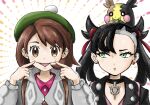  2girls asymmetrical_hair brown_eyes brown_hair cardigan commentary fingersmile gloria_(pokemon) green_eyes green_headwear grey_cardigan hat highres jacket kicdon looking_at_another looking_at_viewer marnie_(pokemon) morpeko morpeko_(full) multiple_girls pendant_choker pokemon pokemon_(creature) pokemon_(game) pokemon_swsh tam_o&#039;_shanter upper_body 