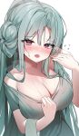  1girl absurdres blush breasts breath chimyo cleavage clothes_pull collarbone commentary_request dress dress_pull fanning_self flying_sweatdrops green_dress green_hair hair_bun hand_up highres korean_commentary large_breasts long_hair looking_at_viewer maplestory open_mouth pulled_by_self purple_eyes senya_angler short_sleeves simple_background single_side_bun solo sweat white_background 