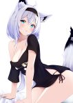  1girl ahoge animal_ear_fluff animal_ears black_headband black_shirt blue_eyes breasts cleavage fox_ears fox_girl fox_tail grey_hair headband highres hololive koko_sokodoko looking_at_viewer medium_breasts medium_hair official_alternate_costume open_mouth shirakami_fubuki shirakami_fubuki_(7th_costume) shirt solo tail virtual_youtuber white_background 