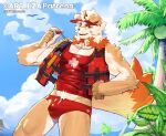  1boy animal_ears arknights bara baseball_cap beach brown_fur bulge dog_boy dog_ears feet_out_of_frame first_aid furry furry_male hat highres horns hung_(arknights) large_pectorals large_tail male_focus male_swimwear medium_hair midriff_peek multicolored_hair muscular muscular_male navel_hair orange_eyes orange_hair palm_tree pectoral_cleavage pectorals red_male_swimwear red_tank_top single_horn solo standing streaked_hair swim_briefs tail tank_top thick_eyebrows thick_thighs thighs tree two-tone_fur uza_(hellme) whistle whistle_around_neck white_fur white_hair 