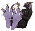  anthro barefoot bdsm claws clothed clothing dragon feet foot_fetish foot_focus hair horn kredri latex leather leather_clothing male paws rubber rubber_clothing rubber_suit scalie simple_background soles solo tail toe_claws toes 