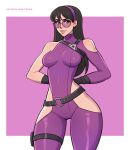  1girl arms_behind_back belt black_belt black_hair blue_eyes bodysuit earrings hairband highres jewelry kate_bishop looking_at_viewer marvel patreon_username purple-tinted_eyewear purple_bodysuit purple_hairband round_eyewear simple_background solo thigh_strap tinted_eyewear toksie watermark web_address 