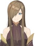  1girl bare_shoulders blue_eyes breasts brown_dress brown_hair detached_sleeves dress hair_over_one_eye light_smile long_hair looking_at_viewer rourou_ill sidelocks solo tales_of_(series) tales_of_the_abyss tear_grants upper_body white_background 