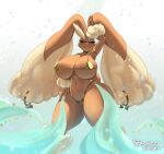  absurd_res anthro big_breasts big_legs bikini breasts brown_body byghosteduard clothing ears_down female generation_4_pokemon hi_res lagomorph leporid long_ears looking_at_viewer looking_pleasured lopunny mammal nintendo particles pinup pivoted_ears pokemon pokemon_(species) pose rabbit red_eyes sky solo swimwear tail thick_thighs yellow_bikini yellow_clothing yellow_swimwear 