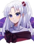  1girl closed_mouth commentary_request cropped_torso grey_hair hair_bobbles hair_ornament light_blush long_hair looking_at_viewer one_side_up purple_eyes shinki_(touhou) simple_background smile solo touhou touhou_(pc-98) upper_body white_background yuki_10825 