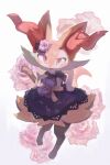  1girl absurdres animal_ear_fluff animal_ears animal_feet animal_nose barefoot black_fur blush blush_stickers body_fur bow bowtie braixen clothed_pokemon commentary_request dress feet flat_chest floral_background flower fox_ears fox_girl fox_tail furry furry_female hair_flower hair_ornament hand_on_own_hip hand_up happy highres holding holding_stick ikei lace lace-trimmed_dress lace_trim looking_at_viewer multicolored_fur neck_fur open_mouth partial_commentary pink_flower pink_rose pokemon pokemon_(creature) pokemon_cafe_mix purple_bow purple_bowtie purple_dress red_eyes revision rose short_dress smile solo stick tail white_fur yellow_fur 