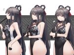  1girl absurdres bare_shoulders black_gloves black_hair blunt_bangs breasts china_dress chinese_clothes covered_navel crossed_arms dress gloomyowl gloves goddess_of_victory:_nikke hand_fan highres holding holding_fan long_hair looking_at_viewer multiple_views red_eyes smile thighs very_long_hair yan_(nikke) 