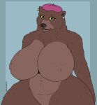  2023 absurd_res anthro anthrofied bear beret big_breasts black_eyebrows black_eyelashes black_lips black_nose black_pupils breasts brown_body brown_ears brown_fur brown_inner_ear cheek_tuft chest_tuft closed_smile clothing countershade_breasts countershade_torso countershading curvy_figure digital_drawing_(artwork) digital_media_(artwork) dreamworks ear_piercing ear_ring extended_arm eyebrows eyelashes facial_tuft female fluffy front_view fur fur_tuft geometric_background glistening glistening_body glistening_eyes glistening_fur glistening_lips glistening_nose green_eyes hat headgear headwear hi_res huge_breasts lips looking_at_viewer mama_bear mama_bear_(puss_in_boots) mammal mature_anthro mature_female methados mostly_nude mostly_nude_anthro mostly_nude_female mouth_closed naturally_censored neck_tuft no_irises piercing pink_beret pink_clothing pink_hat pink_headwear portrait pupils puss_in_boots_(film) puss_in_boots_the_last_wish ring_piercing simple_background smile smiling_at_viewer snout solo text thick_bottom_lip thick_thighs three-quarter_portrait tuft url voluptuous white_ear_piercing white_ear_ring white_piercing wide_hips yellow_ear_piercing yellow_ear_ring yellow_piercing 