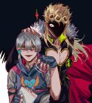  2boys blonde_hair cape collar collarbone fingerless_gloves fur-trimmed_cape fur_trim giorno_giovanna gloves green_eyes hand_on_another&#039;s_head highres hood hood_down jodio_joestar jojo_no_kimyou_na_bouken long_hair looking_at_another male_focus multiple_boys pectorals shaded_face the_jojolands vento_aureo zhoujo51 