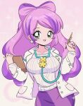  1990s_(style) 1girl absurdres blush breasts chelly_(chellyko) clipboard collarbone earrings flower flower_earrings green_eyes highres holding holding_clipboard holding_pencil jacket jewelry lab_coat large_breasts long_hair long_sleeves looking_at_viewer miriam_(pokemon) multicolored_hair nurse open_clothes open_jacket open_mouth pencil pill pink_background pink_hair pokemon pokemon_(game) pokemon_sv purple_hair purple_skirt retro_artstyle skirt smile solo sparkle standing stethoscope sweater two-tone_hair white_jacket white_sweater yellow_nails 