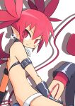  1girl :3 arm_behind_back arm_support armband bare_shoulders bat_wings belt between_legs bikini black_armband black_bikini black_choker black_footwear black_gloves blush blush_stickers boots choker closed_mouth demon_girl demon_tail demon_wings disgaea drop_shadow earrings etna_(disgaea) flat_chest from_side gloves hair_between_eyes hair_tie hair_up halterneck hand_between_legs highres himawari2430 jewelry knee_up looking_at_viewer looking_to_the_side makai_senki_disgaea midriff mini_wings naughty_face o-ring o-ring_choker o-ring_collar pointy_ears red_bracelet red_eyes red_hair red_tail red_thighhighs red_wings short_twintails sidelocks sitting skull_earrings slit_pupils smile solo swimsuit tail thigh_boots thighhighs twintails v-shaped_eyebrows white_background white_belt wings 