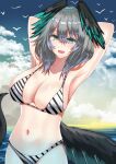  1girl :d absurdres aqua_eyes arknights armpits arms_behind_head arms_up bikini blue_sealad blue_sky breasts cloud commentary day fang grey_hair head_wings highres ho&#039;olheyak_(arknights) large_breasts looking_at_viewer navel open_mouth outdoors short_hair sky smile solo stomach striped striped_bikini swimsuit tail upper_body wings 