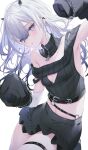  1girl arm_up bare_shoulders belt blush breasts chain detached_sleeves ear_piercing eyebrows_hidden_by_hair highres horns long_hair long_sleeves looking_at_viewer mnimni original piercing purple_eyes skirt sleeves_past_fingers sleeves_past_wrists small_breasts solo white_hair 