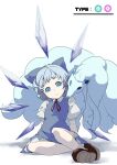  1girl alolan_ninetales black_footwear blue_bow blue_eyes blue_hair bow cirno closed_mouth commentary crossover detached_wings full_body hair_bow highres ice ice_wings looking_at_viewer ninetales pokemon pokemon_(creature) potato_pot short_hair simple_background sitting touhou white_background wings 