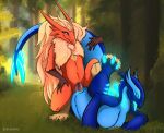  anthro avastra avian bird blaziken blue_body blue_eyes breasts claws digital_media_(artwork) duo female female_penetrated forest generation_2_pokemon generation_3_pokemon genitals glowing glowing_eyes glowing_genitalia glowing_markings hair hi_res legendary_pokemon lugia male male/female male_penetrating male_penetrating_female markings nikostargazer nintendo nude penetration plant pokemon pokemon_(species) pussy red_body sex tongue tongue_out tree vaginal 
