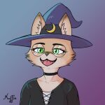  anthro black_clothing choker clothed clothing domestic_cat felid feline felis female foxy_concept fur green_eyes hat headgear headwear inner_ear_fluff jewelry looking_at_viewer mammal moon necklace open_mouth simple_background solo teeth tuft witch_hat yellow_body yellow_fur 
