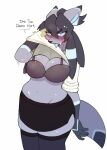  anthro big_breasts blue_markings blue_sclera blue_tongue blush bodily_fluids bottomwear bra breast_squish breasts celena_(sparkingyagi) clothed clothing ear_markings eeveelution english_text female fur generation_2_pokemon generation_4_pokemon glaceon gloves_(marking) grey_body grey_fur hair hi_res hybrid legwear long_ears markings navel nintendo noogatdelight_(artist) open_mouth pokemon pokemon_(species) ponytail raised_clothing raised_topwear solo squish sweat sweatdrop tail tail_markings text thick_thighs thigh_squish tongue topwear umbreon underwear 