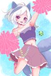 1girl ajtajt595 animal_ears bare_legs barefoot blush cheerleader dog_ears dog_tail grey_hair highres leg_up looking_at_viewer mitsugashira_enoko multicolored_hair multiple_tails navel off-shoulder_shirt off_shoulder open_mouth pink_skirt pom_pom_(cheerleading) purple_hair purple_shirt red_eyes shirt skirt solo standing standing_on_one_leg sweat sweatdrop tail touhou two-tone_hair white_hair 