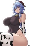  1girl absurdres ahoge artist_name bare_shoulders bell blue_hair blush bodystocking breasts covered_navel cow_print_gloves cow_print_thighhighs cowbell furrowed_brow ganyu_(genshin_impact) genshin_impact hair_between_eyes highres hormkrun horns large_breasts long_hair looking_at_viewer low_ponytail neck_bell purple_eyes sitting solo sweatdrop thick_thighs thighs white_background 