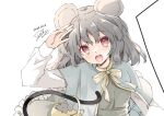  1girl animal animal_ears capelet dated dowsing_rod dress grey_capelet grey_dress grey_hair highres long_sleeves mouse mouse_ears mouse_tail nazrin open_mouth purinpurin red_eyes short_hair signature simple_background smile solo tail touhou upper_body white_background 
