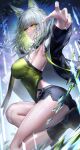  1girl absurdres akqne animal_ears arknights arm_up armpits ass bare_legs black_footwear black_jacket boots breasts cat_ears closed_mouth crystal from_side gradient_hair green_eyes green_hair grey_hair highres jacket kal&#039;tsit_(arknights) kal&#039;tsit_(remnant)_(arknights) knee_boots knee_up large_breasts long_hair long_sleeves looking_at_viewer looking_to_the_side multicolored_hair official_alternate_costume open_clothes open_jacket outstretched_arm short_shorts shorts solo 