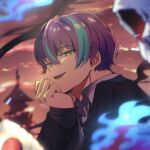  1boy black_necktie blue_hair blurry blurry_background collared_shirt commentary_request diagonal-striped_necktie hair_between_eyes ichigo_ichie_na_hyakki_yagyou!?_(project_sekai) kamishiro_rui long_sleeves looking_at_viewer male_focus multicolored_hair necktie official_alternate_costume official_alternate_hairstyle open_mouth project_sekai purple_hair rui5656 shirt short_hair solo streaked_hair teeth two-tone_hair upper_body upper_teeth_only yellow_eyes 