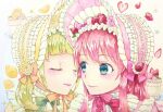  2girls blonde_hair cake closed_eyes commentary_request food frills fruit green_eyes hairband lemon lemon_slice lo_lis lolita_fashion lolita_hairband multiple_girls original painting_(medium) pink_hair sidelocks signature smile strawberry traditional_media watercolor_(medium) 