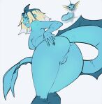  anus asswolph big_breasts blue_body blue_hair breasts butt clenched_teeth eeveelution female generation_1_pokemon genitals hair hi_res humanoid looking_at_viewer looking_back multicolored_hair nintendo nipples pokemon pokemon_(species) pussy simple_background solo standing tail teeth vaporeon white_hair 