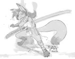  anthro biped bodily_fluids breasts canid canine claws cum cum_from_pussy cum_in_pussy cum_inside cum_on_face dipstick_ears dipstick_tail female fox genital_fluids genitals hair hi_res katana mammal markings melee_weapon mewdles milla_nightfire monochrome multicolored_ears pussy solo sword tail tail_markings weapon 