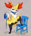  ambiguous_gender anthro black_body black_paws blue_chair blue_collar blue_leash braixen canid canine chair collar collar_only discocci foot_on_chair fox fur furniture generation_6_pokemon grey_background hi_res holding_leash holding_object inner_ear_fluff leash looking_at_viewer mammal multicolored_body multicolored_fur nintendo nude occi on_chair pokemon pokemon_(species) red_body red_eyes red_fur red_inner_ear_fluff shadow simple_background smile solo standing_on_chair tuft white_body white_fur wood wood_chair wood_furniture yellow_body yellow_ears yellow_fur 