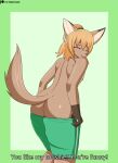  2023 ambiguous_gender anthro blonde_hair bottomwear bottomwear_down butt canid canine cel_shading clothed clothing digital_media_(artwork) english_text eyes_closed female fennec flyingtrace fox girly hair happy hi_res male mammal multicolored_body naive nipples pants pants_down partially_clothed ponytail shaded signature slim smile solo tail text topless topless_ambiguous topless_anthro topless_female topless_male undressing url yazz_(flyingtrace) 