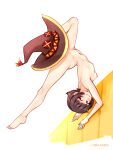  1girl :o arched_back artist_name barefoot black_hair blush breasts completely_nude gymnastics hat highres idle_antics kono_subarashii_sekai_ni_shukufuku_wo! looking_at_viewer megumin navel nipples nude small_breasts solo upside-down white_background witch_hat 