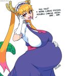  absurd_res animal_humanoid belly big_belly big_breasts big_butt blonde_hair blush blush_lines breasts butt clothing dialogue dragon dragon_humanoid female hair hand_on_stomach hi_res horn horned_humanoid huge_breasts huge_butt humanoid maid_headdress maid_uniform miss_kobayashi&#039;s_dragon_maid open_mouth orange_eyes phone phone_call signature simple_background smile solo sound_effects steelybird teeth text tohru_(dragon_maid) uniform 