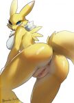  2023 anthro anus artist_name bandai_namco black_nose blue_eyes butt cheek_tuft clitoris digimon digimon_(species) eyelashes facial_tuft female fur genitals hi_res looking_at_viewer looking_back low-angle_view nonoka917 nude open_mouth open_smile pussy rear_view renamon simple_background smile solo tuft twitter_handle white_background yellow_body yellow_fur 