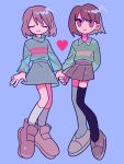  2others androgynous arm_behind_back artist_request black_thighhighs blue_background blue_skirt blue_sweater brown_footwear brown_hair brown_skirt chara_(undertale) check_translation closed_eyes commentary frisk_(undertale) green_shirt heart highres holding_hands kneehighs long_sleeves looking_up mejiro_(mejiro3333) multicolored_clothes multicolored_legwear multiple_others parted_hair pixel_heart pleated_skirt red_eyes shirt shoes short_hair simple_background skirt smile socks striped striped_shirt striped_sweater sweater swept_bangs thighhighs translation_request undertale white_socks white_thighhighs 